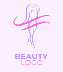 Vector Illustration of woman with long hair. Beauty logo. Hair styling. Slim body