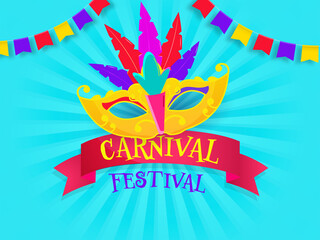 Obraz premium Carnival Festival Poster Design With Colorful Feather Party Mask And Bunting Flags On Sky Blue Background.