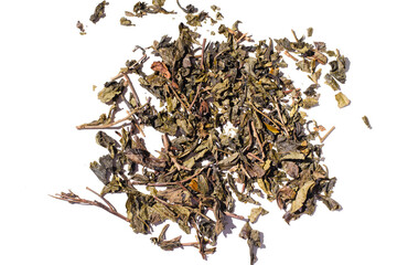 Heap of dry leaves of fruit tea isolated on white background. Top view