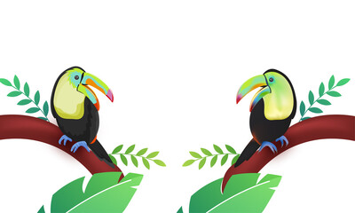 Two Cartoon Toucan Bird Sitting On Tree Branch Illustration. © Abdul Qaiyoom