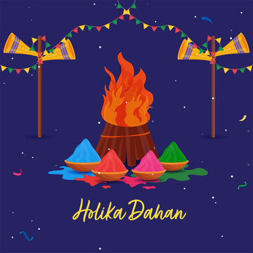 Holika Dahan Concept With Bonfire, Color Powder (Gulal) In Bowls,  Loudspeaker And Bunting Flag On Blue Background. Stock Vector | Adobe Stock