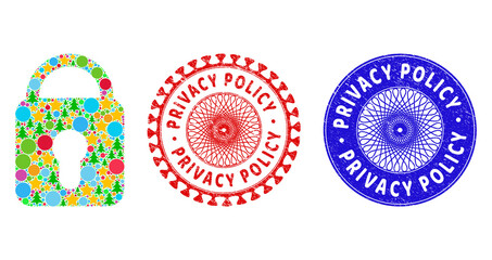 Locked composition of New Year symbols, such as stars, fir trees, multicolored round items, and PRIVACY POLICY rough stamp prints. Vector PRIVACY POLICY seals uses guilloche ornament,