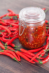 A bottle of chili sauce and fresh red chilies