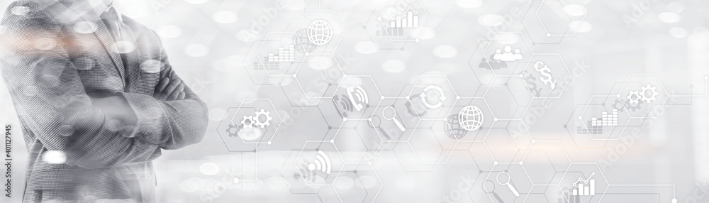 Sticker diagrams and icons on hologram screen. mixed media website business horizontal background.