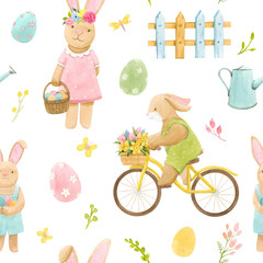 Beautiful seamless pattern with watercolor cute bunny boy on bike with basket of flowers and rabbit girl.