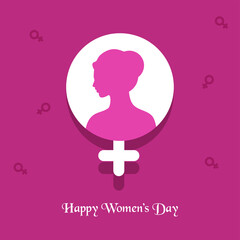 Happy Women's Day Text With Paper Female Gender Sign On Pink Background.