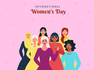 Fototapeta na wymiar Illustration Of Different Religions Female Group On Pink Background For International Women's Day Concept.