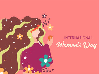 International Women's Day Concept With Cartoon Lady Character Decorated Floral On Red Background.