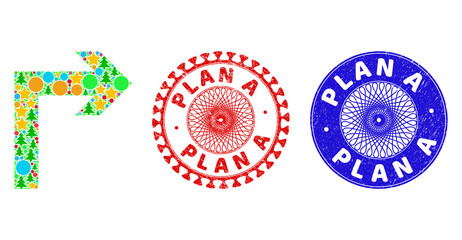 Turn right mosaic of Christmas symbols, such as stars, fir-trees, color round items, and PLAN A corroded stamp seals. Vector PLAN A stamps uses guilloche ornament, designed in red and blue variants.