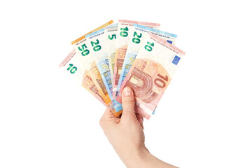 Different euro paper money in a hand, cut on a white background