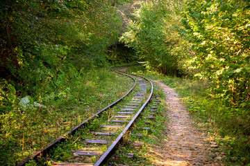 Obraz premium Abandoned railway in autumn mountain forest with foliar trees in Caucasus, Mezmay