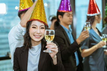 Celebrating corporate asian business, organizing meetings, encouraging beliefs through crisis, young groups having fun with party events in the office.