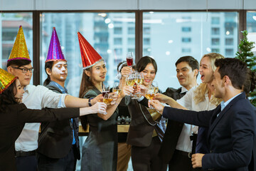 Celebrating corporate businessmen, organizing meetings, encouraging beliefs through crisis, young groups having fun with party events in the office.