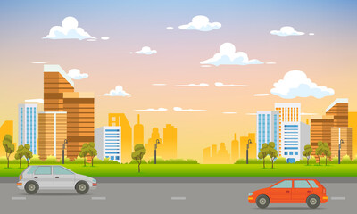 Architecture of modern metropolis, city buildings and traffic, vector illustration.