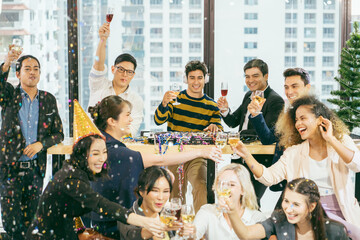 Celebrating corporate businessmen, organizing meetings, encouraging beliefs through crisis, young groups having fun with party events in the office.