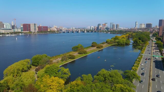 Charles River Esplanade and Storrow Lagoon aerial view on Charles River between City of Cambridge and Boston, Massachusetts MA, USA. 
