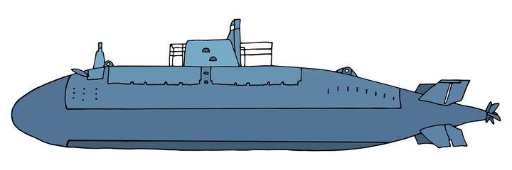 Beautiful military submarine, hand drawing. Blue underwater vessel isolated on white background, side view. Vector illustration.