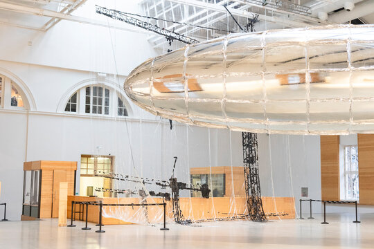 Exhibits of exhibition UTOPIA SAVED by artist Lee Bul in St. Petersburg. Architectural models, drawings in style of utopian modernism.