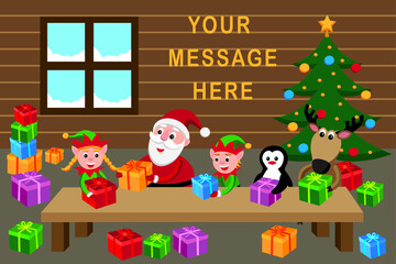 cartoon style vector illustration of santa's workshop