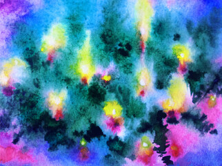 Naklejka na ściany i meble Watercolor colorful bright textured abstract background handmade . Holliday pattern. Painting of christmas tree , made in the technique of watercolors from nature