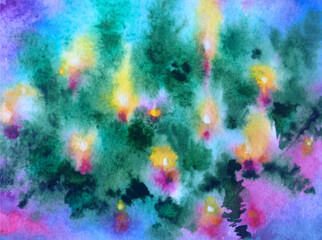 Obraz na płótnie Canvas Watercolor colorful bright textured abstract background handmade . Holliday pattern. Painting of christmas tree , made in the technique of watercolors from nature