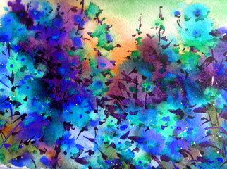 Watercolor colorful bright textured abstract background handmade . Mediterranean landscape . Painting of  vegetation of the sea coast , made in the technique of watercolors from nature