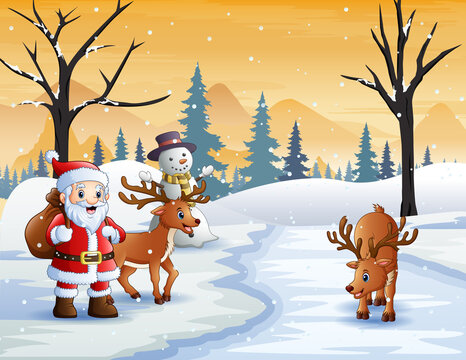 Santa Claus and two deer in snowy forest landscape