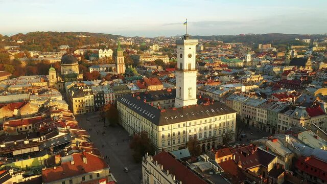 aerial 4k shot of city center of Lviv, Ukraine from above