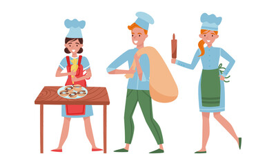 Smiling Man and Woman Baking Bread and Making Confections Vector Illustration Set