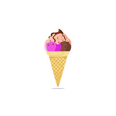 Flat design of fresh and sweet ice cream melts in cones