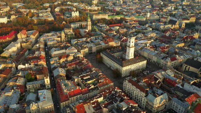aerial 4k shot of city center of Lviv, Ukraine from above