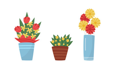 Bunch of Flowers Rested in Vase and Ceramic Pot Vector Set