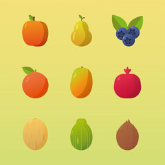 bundle of nine fresh delicious fruits set icons
