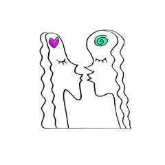 Abstract kiss. We are connected. Simple funny illustration. Line art, doodle, vector