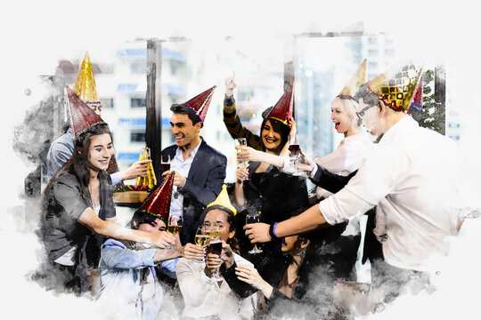 Abstract smiling Businesspeople on New Year Party in Office and celebrating of New Year small group on watercolor illustration painting background.