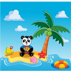 Happy little panda playing with balls on a summer beach Vector illustration in flat. summer holiday vacation.