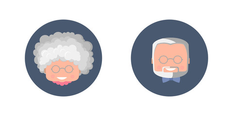 An elderly man and woman, grandfather and grandmother, retired.Colorful smiling portraits, icons or avatars in a cartoon, flat style. Isolated vector illustration