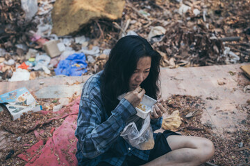 poor people,homeless or beggar begging for help sitting at dirty slum.concept for poverty...