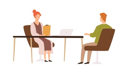 Female HR manager having job interview with male applicant vector flat illustration. Recruit and employer talking in office isolated on white. Head hunting, recruitment and candidate choice