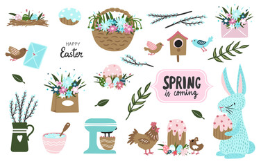 Merry Easter, bunny. Birds. Vector set of cute spring cartoon characters, plants and decorations. Garden party. Collection of scrapbook elements with animals, bird and flowers.