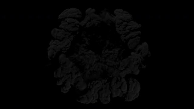3D smoke explosion shockwave effect and divergent wave isolated on black background. abstract smoke explosion animation. Top camera view from above