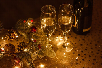 New Year Eve celebration with bottle and glasses of champagne