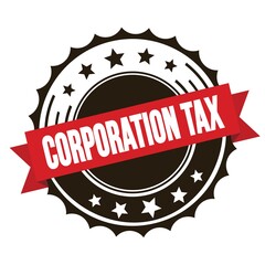 CORPORATION TAX text on red brown ribbon stamp.