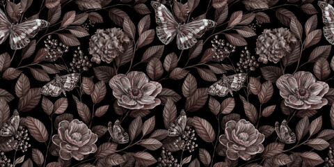 Floral seamless graphic pattern with vintage peonies, hydrangea, anemone, leaves and other flowers. Hand-drawn. Trendy glamorous design. Good for production wallpapers, cloth, fabric printing, goods.  - 401143517