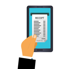 A person hand receives a receipt after paying online. Store receipt on your smartphone. Vector illustration in flat style.