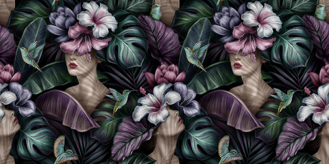 Tropical exotic seamless pattern with woman, monstera, hibiscus flower, banana leaves, palm, colocasia. Hand-drawn vintage 3D illustration. Good for production wallpapers, cloth and fabric printing.  - 401143935