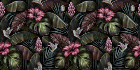 Fototapety  Tropikalny egzotyczny wzór z czerwony hibiskus, bromeliad, ptaki, monstera, liście bananowca, palma, colocasia. Ręcznie rysowane ilustracja 3d. Dobry do produkcji tapet, drukowania tkanin i tkanin.