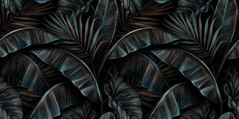 Tropical exotic seamless pattern with dark blue and brown vintage banana leaves, palm and colocasia. Hand-drawn 3D illustration. Good for production wallpapers, cloth, fabric printing, goods. - 401144164