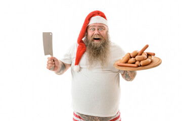 Emotional fat funny and tattooed man with food isolated on a white background