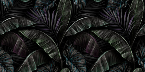 Tropical exotic seamless pattern with dark color vintage banana leaves, palm leaves and colocasia. Hand-drawn 3D illustration. Good for production wallpapers, cloth, fabric printing, goods. - 401144556